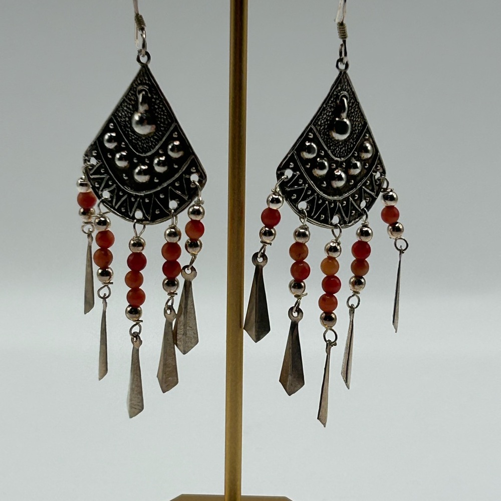 Vintage Sterling Silver and Red Dangle Earrings